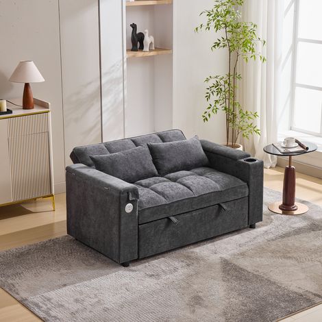 140.57482cm canapé-lit 3-en-1 extensible, dossier réglable, port USB, canapé 2 places, canapé de salon, lit d’appoint pliable et extensible, avec table cachée et porte-gobelet, gris (1/5)