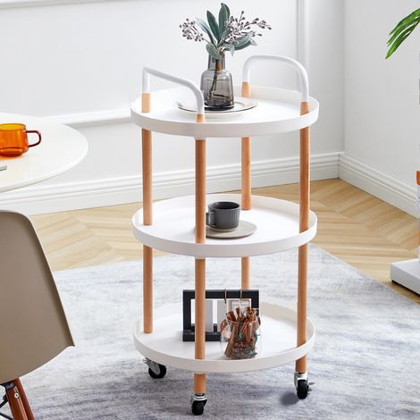 Chariot de rangement à roulettes blanc 3 étages, en plastique avec accoudoirs, résistant à la corrosion, pour salon, bureau, maison. (1/5)