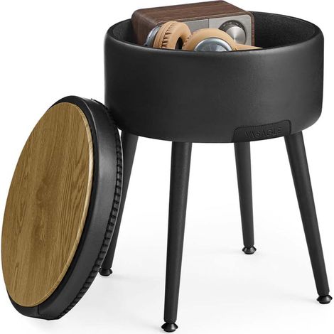 Puf de almacenaje taburete de tocador PU con costuras moderno de mediados de siglo taburete de almacenaje redondo con patas de acero capacidad 150 kg negro 120005359 (1/5)