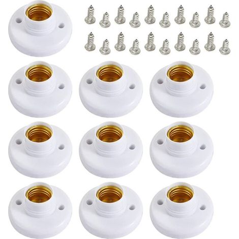 10 Pcs de Douille pour Ampoule E27, Supports de Lampe E27 Douille de Base de Vis en Plastique Rond, Porte-Lampe Support Douille E27 Murale, Ronde Vis Titulaire Lumière Douille, Avec vis(Blanc) (1/4)