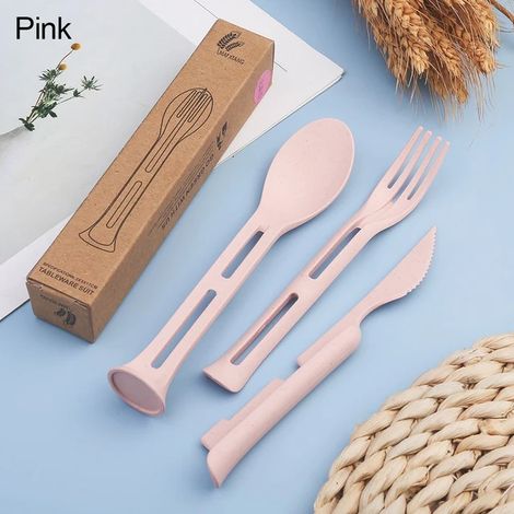 3pcs / set 3 en 1 Voyage Portable Couverts Ensemble Japon Style Paille De Blé Couteau Fourchette Cuillère Étudiant Vaisselle Ensembles Cuisine Vaisselle Rose