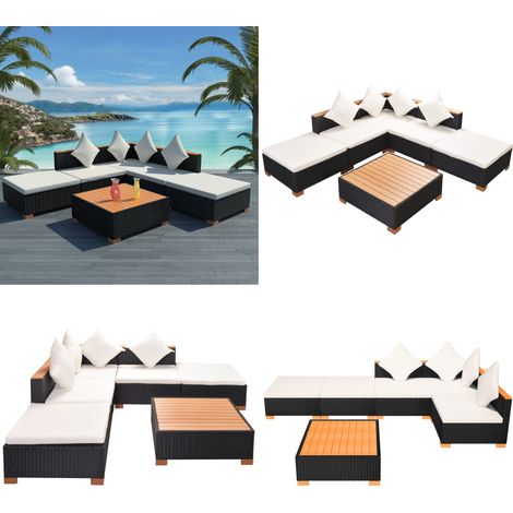 6-tlg. Garten-Lounge-Set mit Auflagen Poly Rattan Schwarz - Gartengeräte - Lounge-Set - Gartenmöbel - Outdoor-Möbel - Rattanmöbel - Home & Living (1/5)