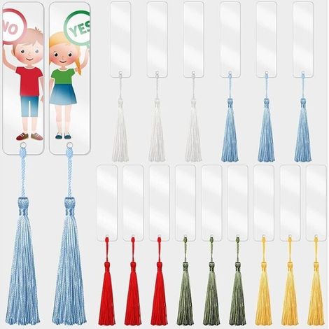 Lot de 30 Marque Page Acrylique Transparent, 12 x 3,2 cm Marque-pages Vierges DIY Marque Page avec Pompons Colorés pour Enseignants Étudiants Lecteurs Cadeaux