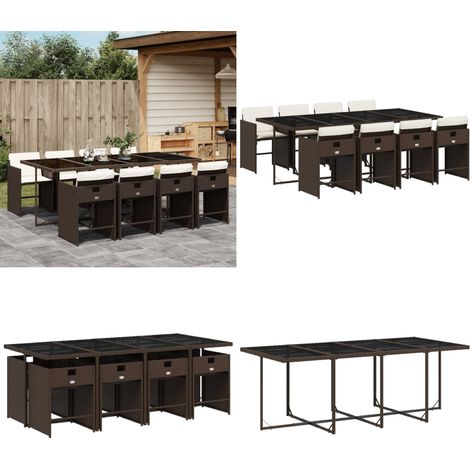 Set comedor para jardín 9 pzas y cojines ratán sintético marrón - Sillas de jardín - Cojines para sillas