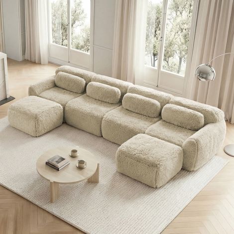 Canapé modulable en U, sans montage, tissu peluche, antidérapant, avec coussins, beige clair DESVIAE (1/5)