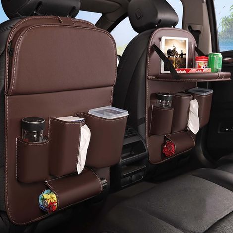 Organisateur Voiture Enfant, Protecteur Arrière de Siège Auto avec Plateau Pliable, Cuir PU Imperméabl Protection Siege Voiture Enfant, avec 4 Poches, Tablette Transparent Poches (Café),1 pc (1/5)