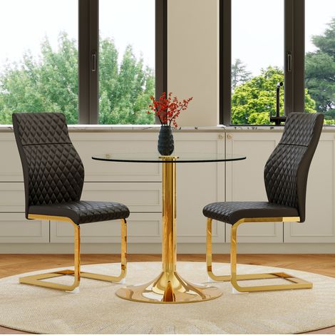 Conjunto de mesa redonda y sillas 85x85x76 cm, cristal templado y diseño ergonómico, metal y PU, negro dorado transparente (1/5)