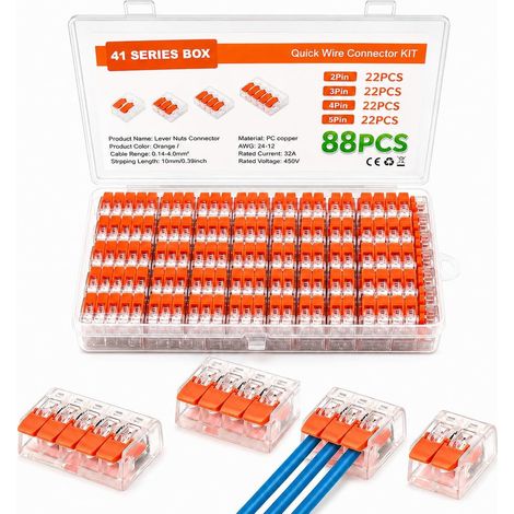 88 Pièces Connecteur Electrique,Compacts Rapide Cosses, Borne de Connexion Electrique, 22Pcs 2 Entrées, 22Pcs 3 Entrées,22Pcs 4 Entrées,22Pcs 5 Entrées Assortiment, Electrique pour 412,413,415 Câblage (1/5)