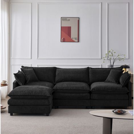 Modulares Ecksofa 267x154x85 cm aus schwarzem Chenille mit Hocker für kleine Räume – MEUBLIV (1/5)