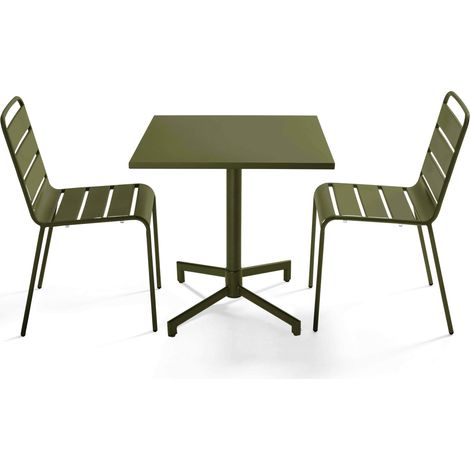 Ensemble table 70 cm et 2 chaises de jardin en métal vert kaki - Palavas (1/5)