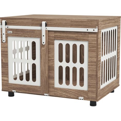 Meuble cage chien porte coulissante maison chien moyenne table d'appoint noyer 80x59x63 cm