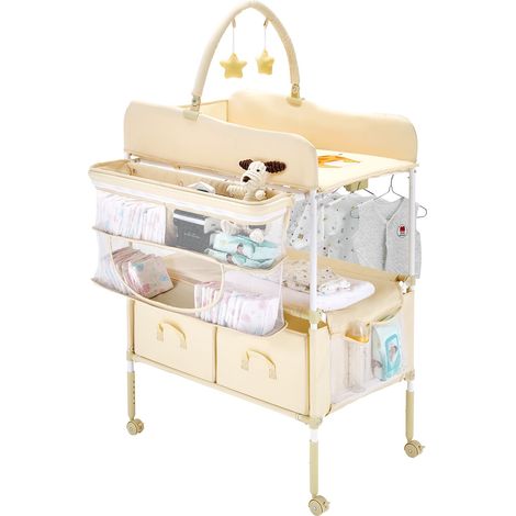 Table à Langer Pliable, Plan à Langer 2 Tiroirs en Tissu, Panier Latéral et Tringle de Suspension, Meuble pour Bébé Réglable en Hauteur, avec Roulettes Verrouillables et 2 Jouets Étoiles, Beige (1/5)