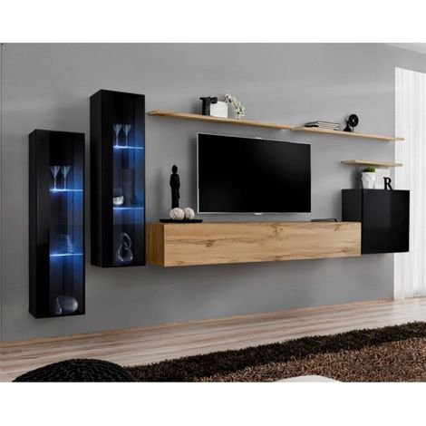 Meuble TV Mural Design "Switch XI" 330cm Noir & Naturel (1/4)