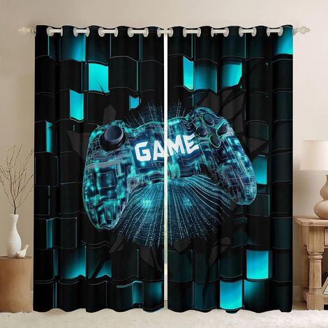 Rideau Gamer Décoration d'intérieur 3D à carreaux pour fille garçon Noir Bleu Néon Console de jeu Fenêtre Traitement Rideaux pour bureau, taille XXL - 260x140cm (HxB) (1/5)