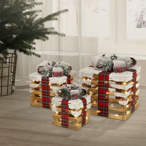 ECD Germany Set di 3 Scatole Regalo a LED Marrone in Legno Innevato a Batteria con Timer Decorazione Natalizia Regalo di Natale Illuminato Decorazione Albero di Natale Scatola Regalo (1/5)
