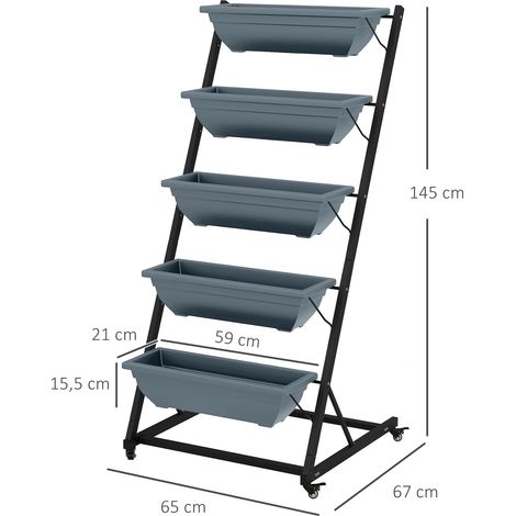 Support à plantes 5 niveaux sur roulettes - Étagère fleuriste avec trous, escalier pour plantes, en acier gris - Pour jardin et intérieur. (1/5)