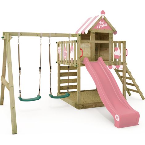 Cabane sur pilotis Wickey Smart Candy avec toboggan 220 cm – Double balançoire – Mur d'escalade – Bac à sable intégré – Bois d'épicéa