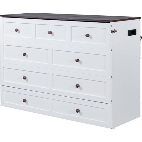 Lit armoire 140 x 200 cm en pin et MDF blanc avec rangements, port USB et prise (1/5)
