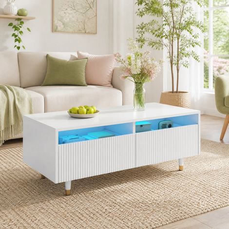 Table basse LED 110 x 50 x 40 cm avec 2 tiroirs, MDF, blanche HAVRYA (1/5)