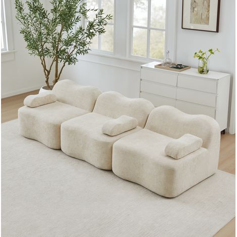 Canapé modular de terciopelo beige, 3 plazas, sin estructura, diseño ondulado y asiento profundo (1/5)
