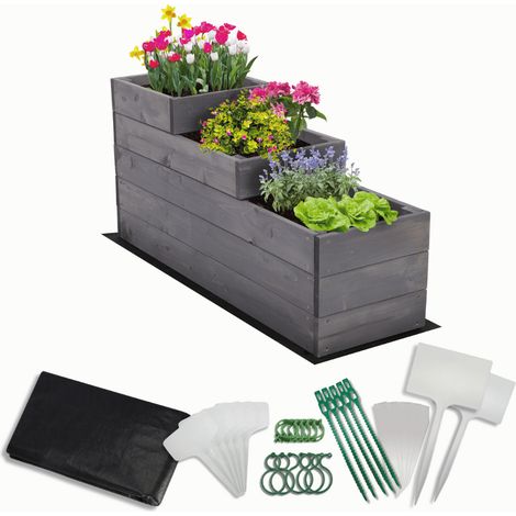MODO24 Carré potager surélevé en bois, 3 niveaux en cascade, 45x30x93 cm, jardin/terrasse, kit jardinier inclus, gris imprégné