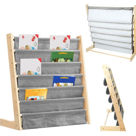 Bibliothèque pour enfants avec poche, 6 niveaux, bois naturel, étagère de rangement pour livres, 76cm (1/5)