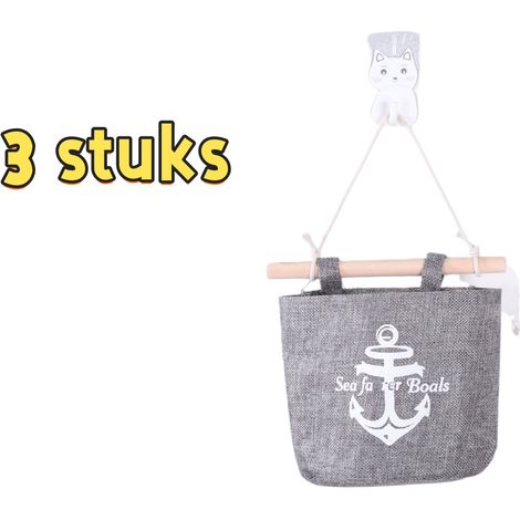 Ensemble de 3 sacs de rangement suspendus en coton et lin avec fixation murale 17 x 14 cm pour maison salle de bain et cuisine gris (1/5)