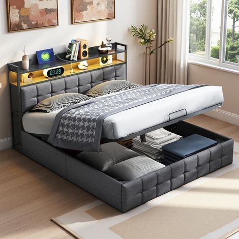 Doppelbett aus grauem Leinen mit LED und Stauraum, Bettkasten 140x190 cm, Erwachsenenbett 140x190 cm, Bettgestell, Lattenrost inklusive