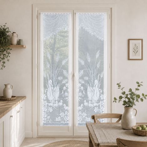 Paire de vitrages frangés en dentelle avec cygnes Blanc 60x220 cm (1/2)