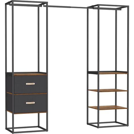 Songmics – Penderie ouverte avec 1 tringle extensible, 2 tiroirs et 4 étagères – Acier et MDF – Dimensions 40x(150-180)x180cm – Marron rustique