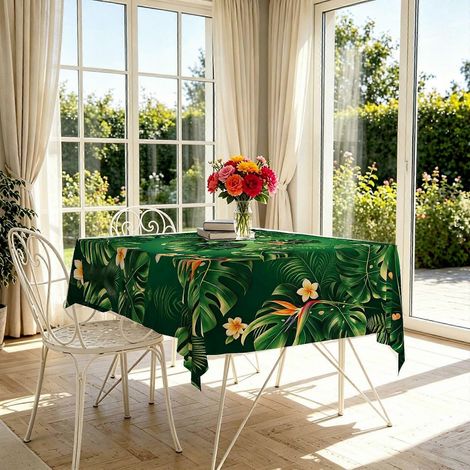 Nappe rectangulaire à motif de feuilles tropicales vert foncé (1 pièce), nappe de table légère pour les fêtes estivales sur le thème du solstice d'été. (1/4)
