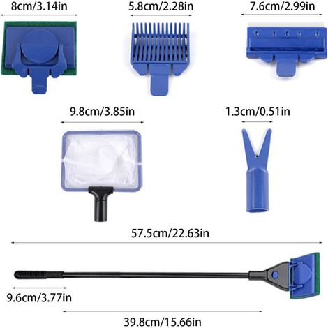 Kit de nettoyage pour aquarium 5 en 1 Brosse raclette épuisette râteau et pince pour l'entretien des poissons et plantes