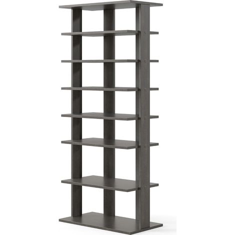 Range-chaussures vertical à 7 niveaux double rangée 47 x 25,5 x 110 cm avec étagères amovibles design épuré en bois gris