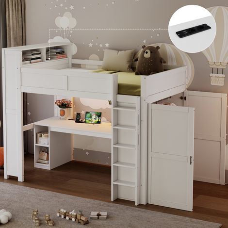 Cama alta infantil 90x200 cm de madera blanca, con almacenaje para niños, sin colchón FloraGrace (1/5)