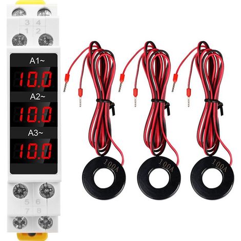 Ampèremètre triphasé sur rail DIN avec affichage numérique LED, haute précision, avec 3 capteurs, AC 80-500V 1-100A (1/5)