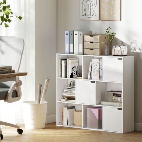 Bibliothèque de rangement en bois blanc 9 cubes avec 3 portes, 106 x 24 x 95 cm (1/5)