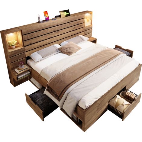 Letto matrimoniale 180x200 cm con downlights LED, prese USB e Type-C, nicchia illuminata, comodini sospesi e 3 cassetti, finitura legno chiaro CHICFURN (1/5)