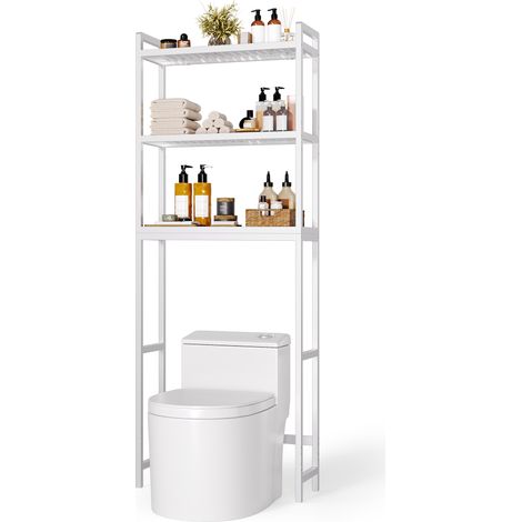 Étagère de Rangement de Salle de Bain à 3 Niveaux Bealife Meuble en Bambou pour Machine à Laver Toilettes 63 x 26 x 170 cm Blanc (1/5)