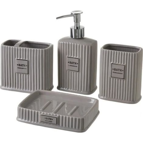 Ensemble d'accessoires salle de bain 4 pièces, set salle de bain avec distributeur de savon en céramique coloris gris-JUANIO (1/4)