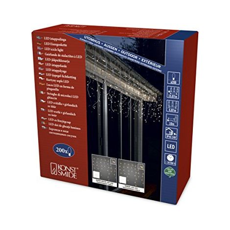 Konstsmide 2742 – 803/Tenda di luci led di pioggia ghiacciata per esterno (IP44)/200 bernsteinfarbene diodi/24 V Trasformatore da esterno/cavo trasparente (1/4)