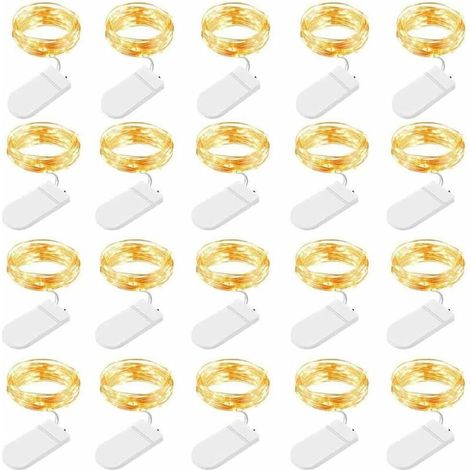 Guirlandes lumineuses LED batterie, 20 pièces 1M 10 LEDs guirlandes lumineuses en fil de cuivre pour chambres, intérieur, extérieur, Noël, fête, jardin, mariage, bricolage, blanc chaud