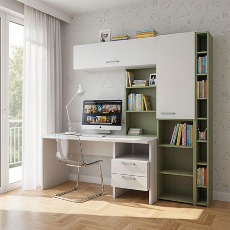 Angolo studio multifunzionale con libreria a profondità variabile e cassettiera integrata - Bianco e Salvia