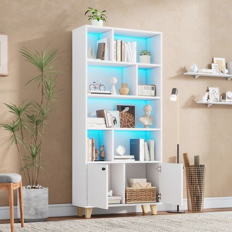 Bibliothèque 80x30x173cm pieds bois massif compartiments multiples doubles portes lumière LED télécommande blanc.