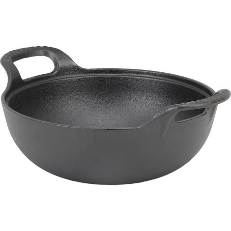 Wok en fonte avec 2 poignées, couvercle en bois, fond plat, non revêtu, idéal pour faire sauter, griller et cuire à la vapeur d'authentiques plats asiatiques chinois. 25 cm / 9,8 pouces. (1/5)