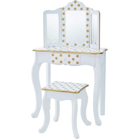 Coiffeuse Enfant en Bois avec Miroir Tabouret Blanc Or TD-11670M (1/5)