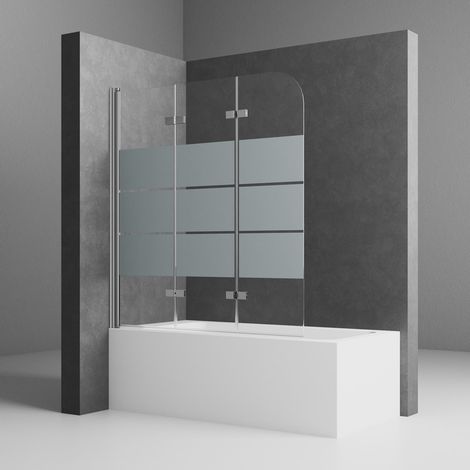 140 x 140 cm Duschwand für Badewanne Badewannenaufsatz 3-teilig Duschtrennwand für Badewanne Duschwand Badewanne Faltwand Duschabtrennung Badewanne, 6mm ESG Glas mit Milchglas Streifen