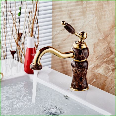 Warm- und Kaltwasserhahn komplett aus Kupfer, goldfarben mit Jade-Akzenten, schwenkbar (Schwarz)
