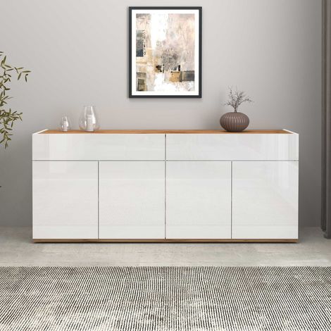 WHOUS Credenza Garda 4 ante e 2 cassetti bianco lucido e rovere 160,1x35x70 cm