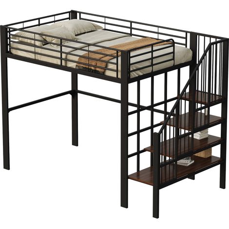 Hochbett 140 x 200 cm, Doppelbett mit Treppe und Großem Stauraum unter dem Bett, ohne Matratze, Schwarz (1/5)