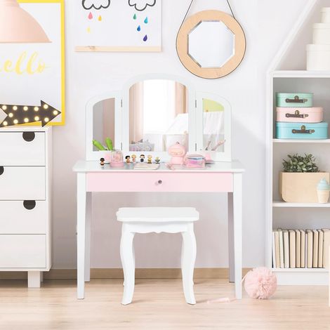 Kids Vanity Table & Stool Set Princess Makeup Dressing Table w/ Drawer & Tri-folding Mirror (1/5)